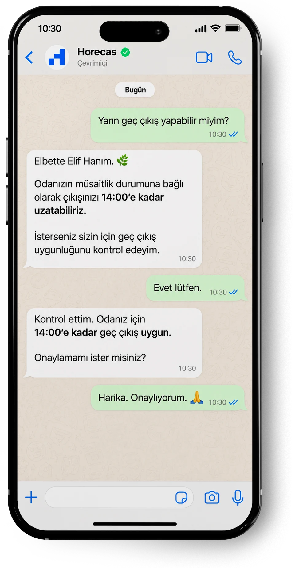 Temsili WhatsApp konuşması, Horecas hattı: misafir ertesi gün geç çıkış yapıp yapamayacağını soruyor. Yanıtta, odanın müsaitliğine bağlı olarak çıkışın 14:00’e kadar uzatılabileceği söyleniyor. Uygunluk kontrol ediliyor, 14:00’e kadar geç çıkışın uygun olduğu bildiriliyor ve misafir onaylıyor.