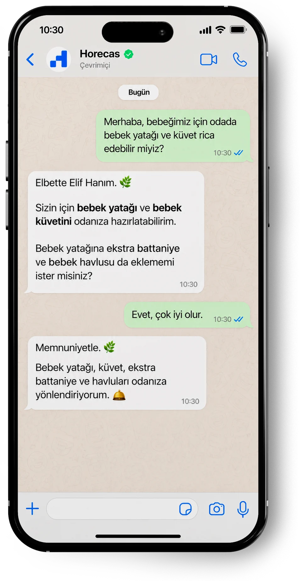 Turkish-language example conversation on the Horecas WhatsApp line: a guest asks for a baby cot and a baby bath in the room. The reply offers to have them prepared and suggests adding an extra blanket and baby towels. The guest agrees, and the cot, bath, extra blanket and towels are sent to the room.
